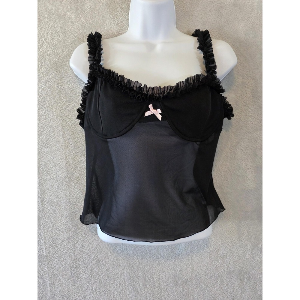 EUC Forever 21 Cami Top Womens Small Black Sheer Mesh Ruffle Lingerie Y2K